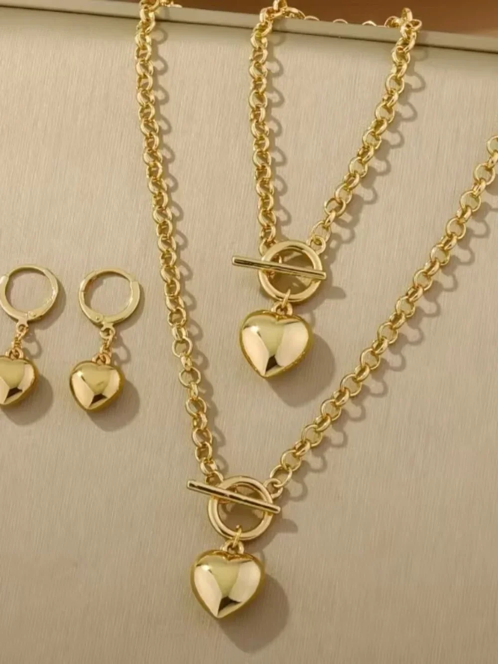 3pc Gold Heart Charm Necklace Bracelet & Earrings Jewelry Set - Picture 6 of 8